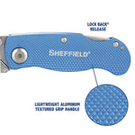 Sheffield Folding Lockback Knife, 1 Utility Blade, 2" Blade, 3.5" Aluminum Handle, Blue