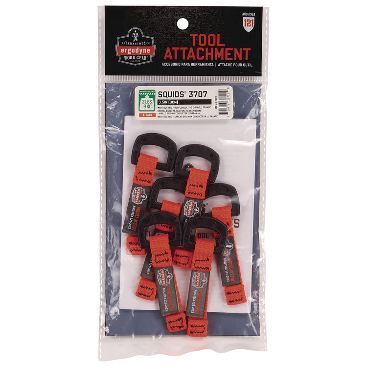 Squids 3707 Web Tool Tether Attachment w/ Non-Conductive D-Ring Tool Tails, 2 lb Max Working Capacity, 3.5", Orange, 6/Pack