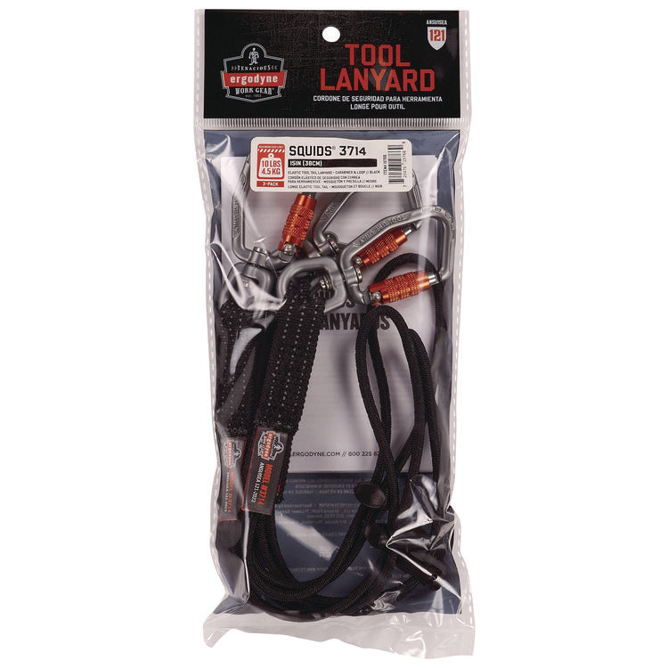 Squids 3714 Elastic Tool Tail Lanyard w/Carabiner and Cinch Loop, 10 lb Max Working Capacity, 15" Long, Black, 3/Pack