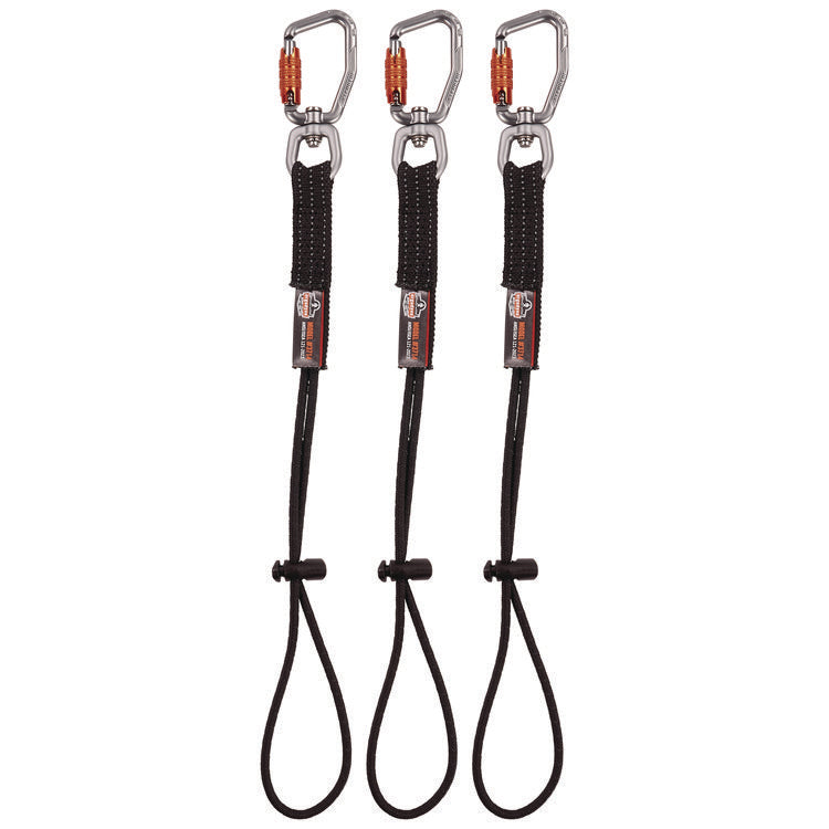 Squids 3714 Elastic Tool Tail Lanyard w/Carabiner and Cinch Loop, 10 lb Max Working Capacity, 15" Long, Black, 3/Pack