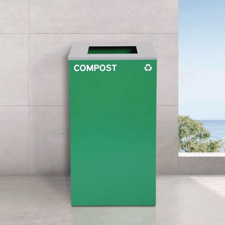 29 Gallon Trash/Recycling Cans, Steel, Blue Cans/Bottles Recycling Can w/Mixed Lid, Green Compost and Black Trash w/Sq Lid