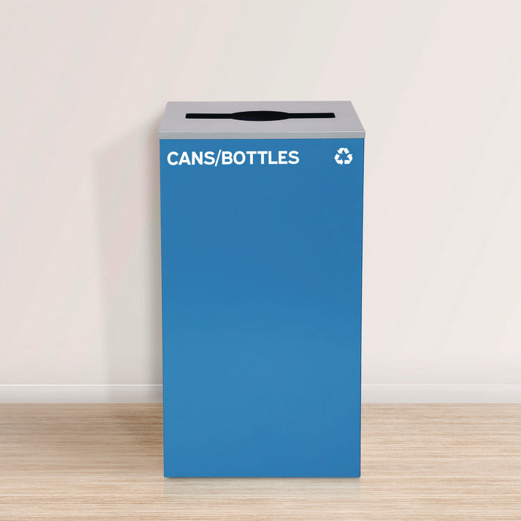 29 Gallon Trash/Recycling Cans, Steel, Blue Cans/Bottles Recycling Can w/Mixed Lid, Green Compost and Black Trash w/Sq Lid