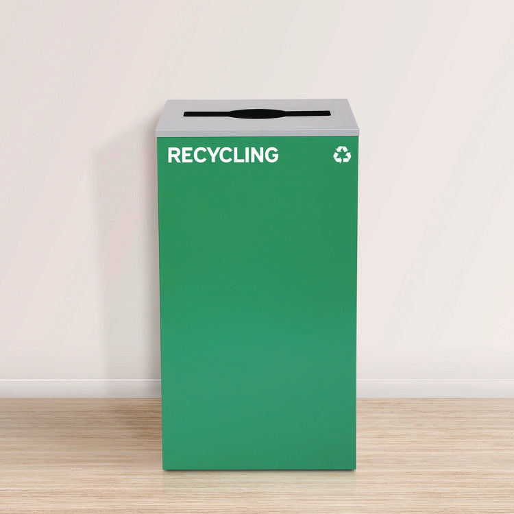 29 Gallon Trash/Recycling Cans, Steel, Blue Recycling Can and Black Trash Can w/Sq Lid, Green Recycling Can with Mixed Lid