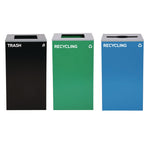 29 Gallon Trash/Recycling Cans, Steel, Blue Recycling Can w/Mixed Lid, Green Recycling Can and Black Trash Can with Sq Lid