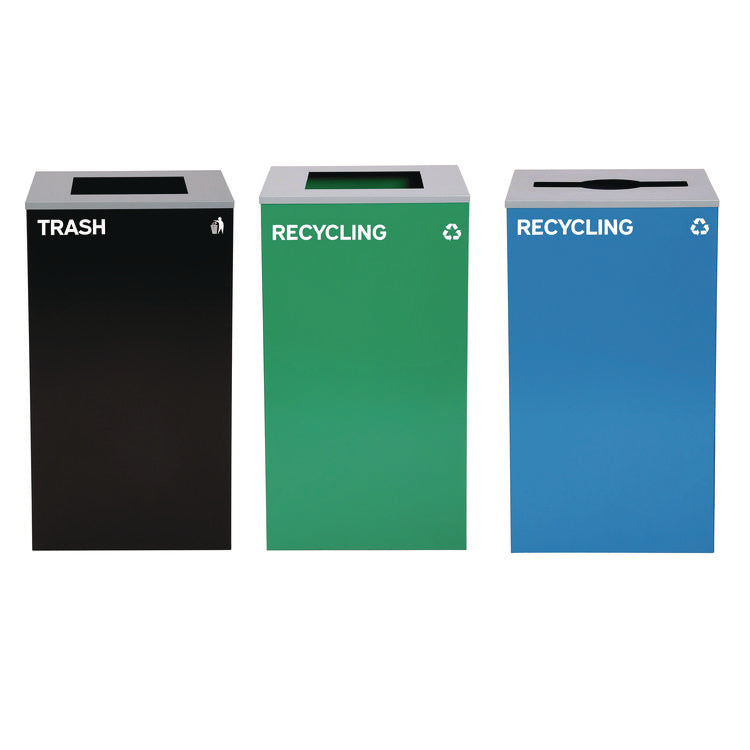 29 Gallon Trash/Recycling Cans, Steel, Blue Recycling Can w/Mixed Lid, Green Recycling Can and Black Trash Can with Sq Lid