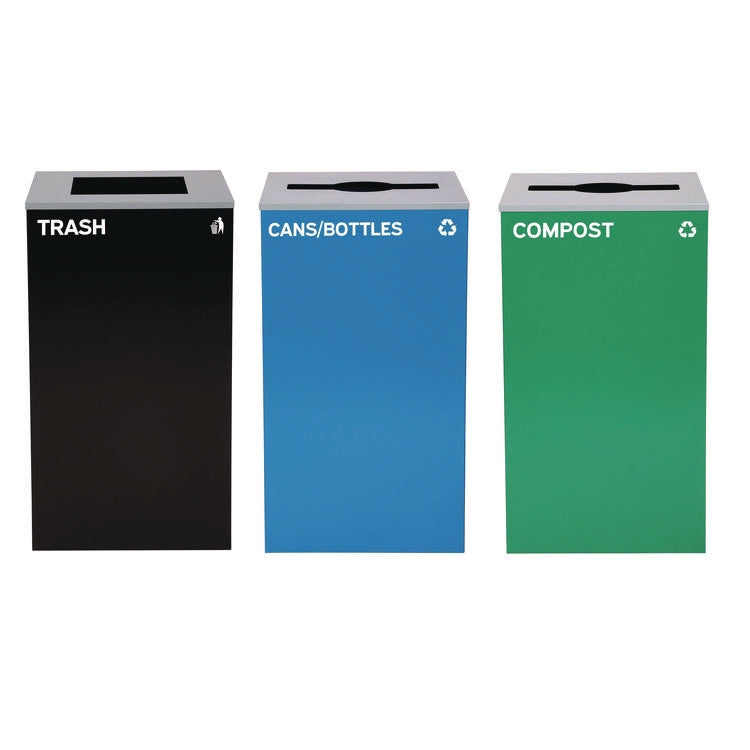 29 Gallon Trash/Recycling Cans, Steel, Blue Cans/Bottles Recycling and Green Compost Can w/Mixed Lid, Black Trash Can Sq Lid