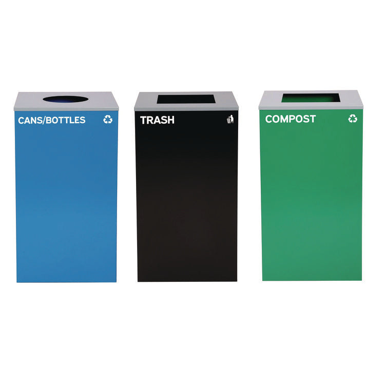 29 Gallon Trash/Recycling Cans, Steel, Blue Cans/Bottles with Circle Lid, Green Compost and Black Trash Cans with Square Lids