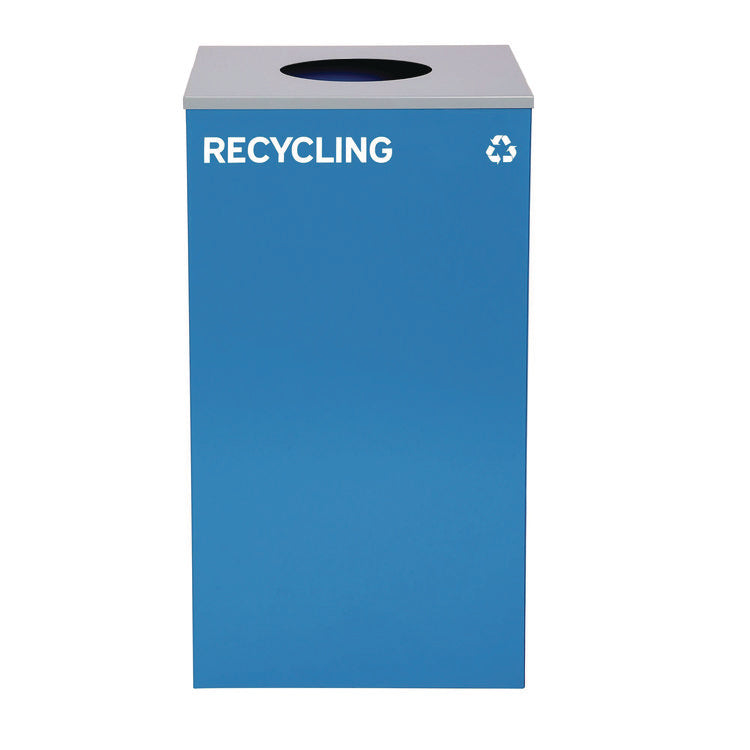 29 Gallon Trash/Recycling Cans, Steel, Blue Recycling Can w/Circle Lid, Green Recycling Can and Black Trash Can w/Square Lids
