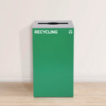 29 Gallon Trash/Recycling Cans, Steel, Blue Recycling Can w/Circle Lid, Green Recycling w/Mixed Lid, Black Trash w/Square Lid