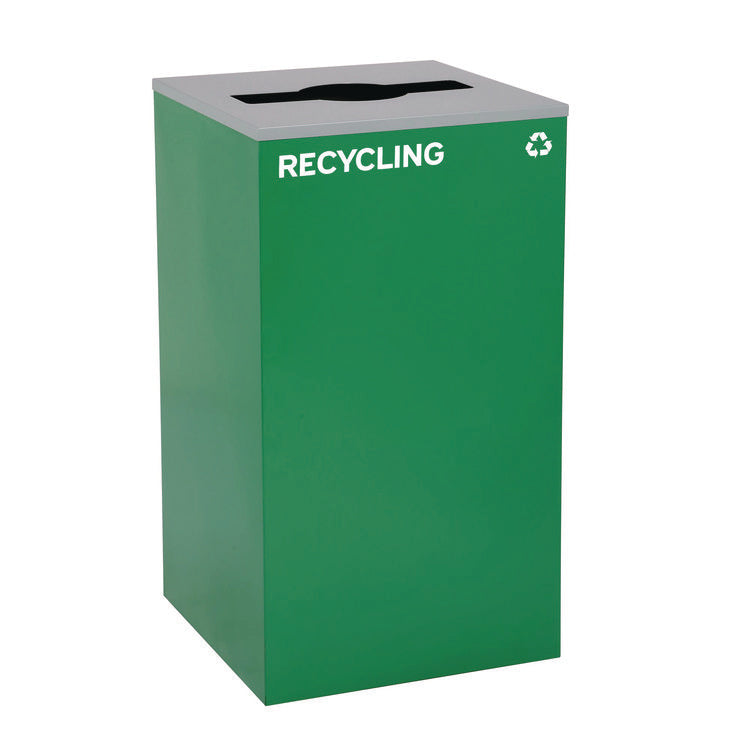 29 Gallon Trash/Recycling Cans, Steel, Blue Recycling Can w/Circle Lid, Green Recycling w/Mixed Lid, Black Trash w/Square Lid