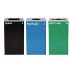 29 Gallon Trash/Recycling Cans, Steel, Blue Recycling Can w/Circle Lid, Green Recycling w/Mixed Lid, Black Trash w/Square Lid