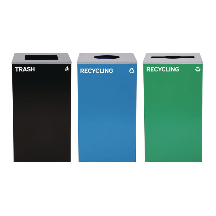 29 Gallon Trash/Recycling Cans, Steel, Blue Recycling Can w/Circle Lid, Green Recycling w/Mixed Lid, Black Trash w/Square Lid