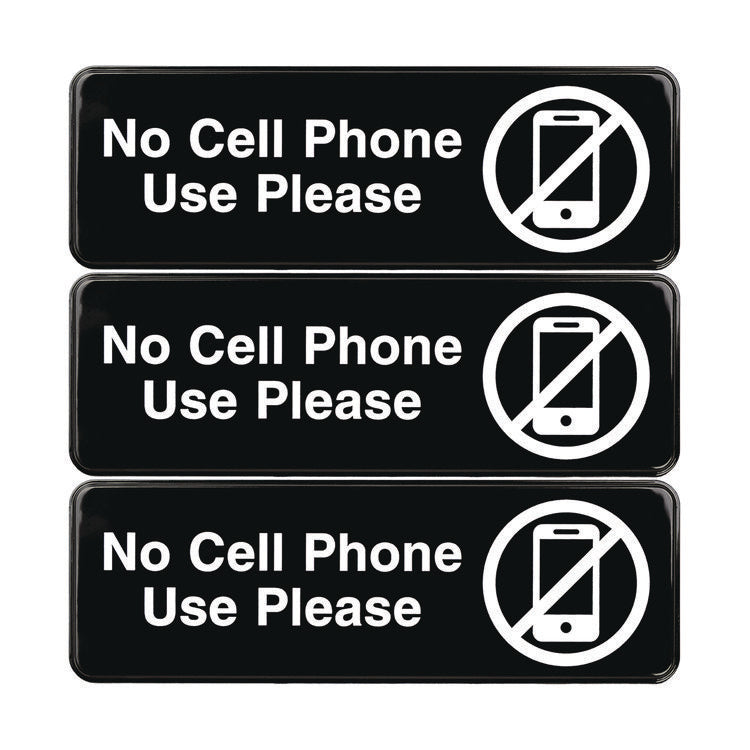 No Cell Phone Use Please Indoor/Outdoor Wall Sign, 9 x 3, Black Face, White Graphics, 3/Pack