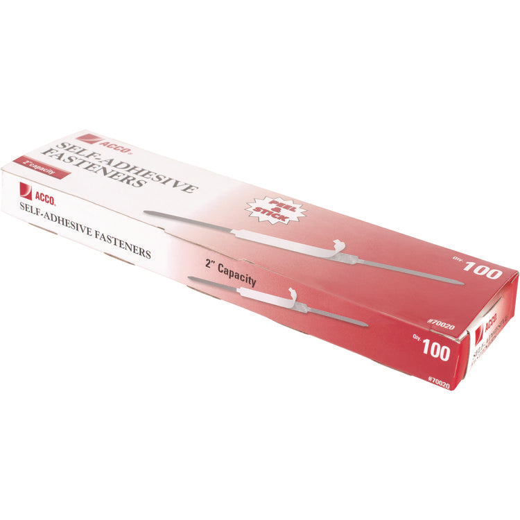 Self-Adhesive Two-Prong Paper Fastener Bases, 2" Capacity, 2.75" Center to Center, Matte Steel, 100/Box