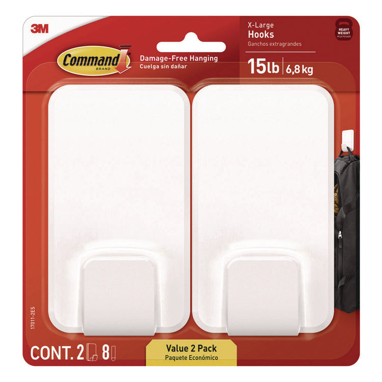 X-large Utility Hooks, Plastic, White, 15 lb Capacity, 2 Hooks and 8 Strips/Pack