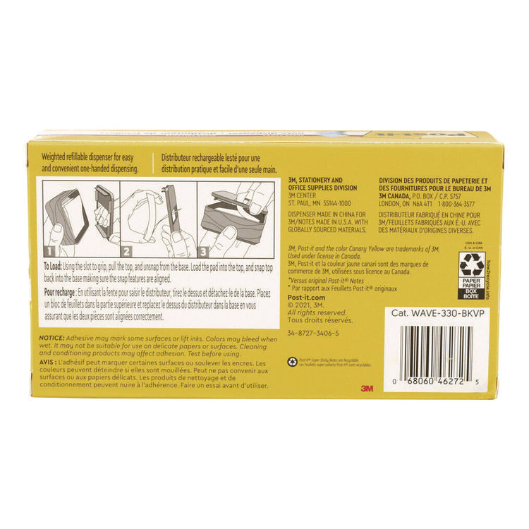 Wave Design Dispenser with Notes, For 3 x 3 Pads, Includes (3) 90-Sheet Simply Serene Collection Colors Pop-up Pads, Black