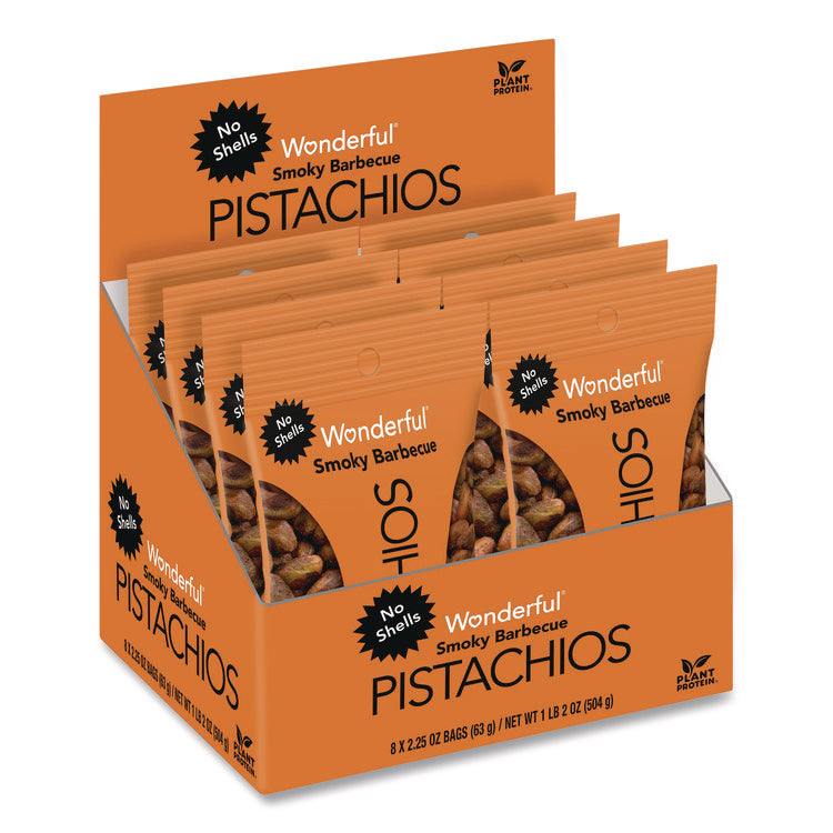 No Shells Smoky Barbecue Pistachios, 2.25 oz Pack, 8/Box
