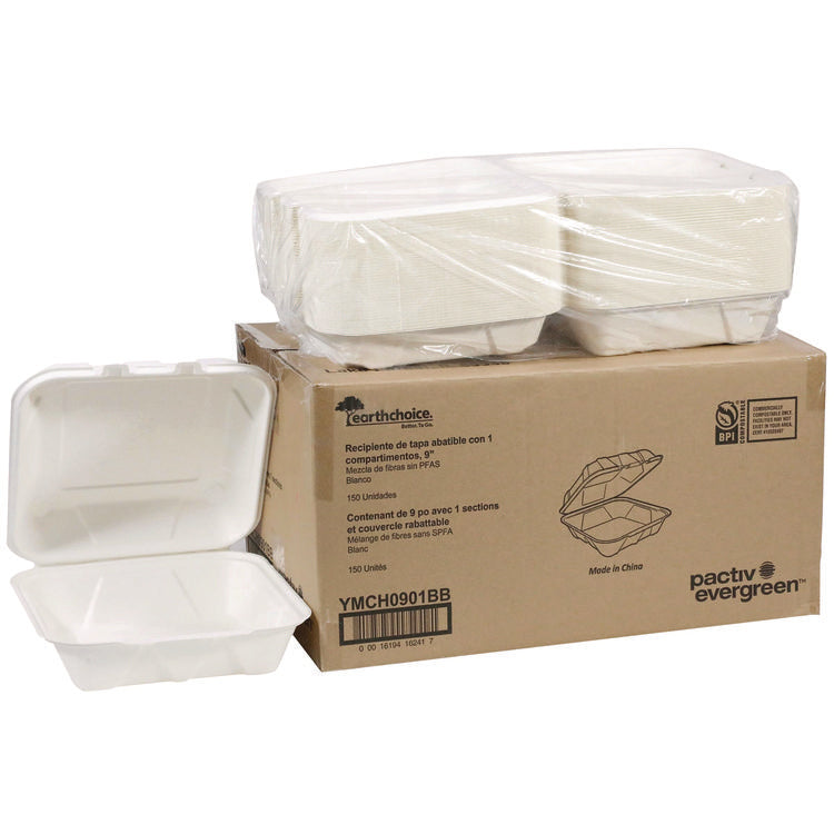 EarthChoice PFAS Free Compostable Hinged Lid Container, 9 x 9 x 3, White, Sugarcane, 150/Carton