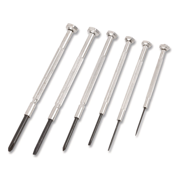 Precision Screwdriver Set, Six-Piece, Phillips/Slotted, Assorted Lengths, Polished Steel Handles