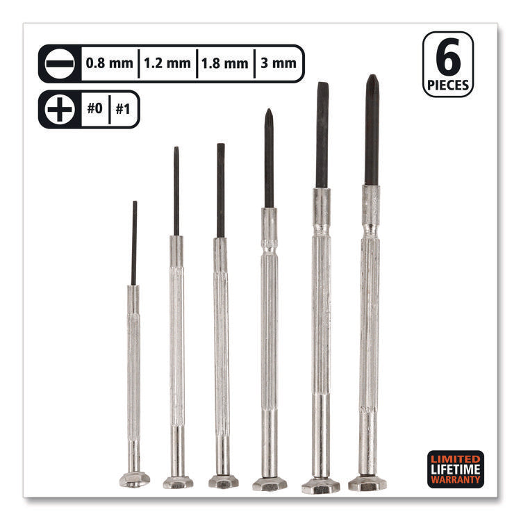 Precision Screwdriver Set, Six-Piece, Phillips/Slotted, Assorted Lengths, Polished Steel Handles