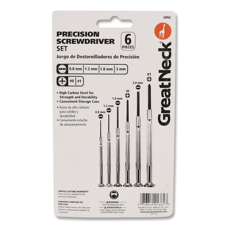 Precision Screwdriver Set, Six-Piece, Phillips/Slotted, Assorted Lengths, Polished Steel Handles