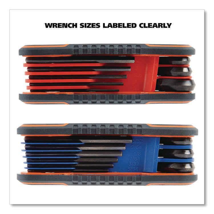 Hex Key Fold-Up Tool Set, Two-Piece, Metric/SAE, Black-Oxide/Blue (SAE), Black-Oxide/Red (Metric)