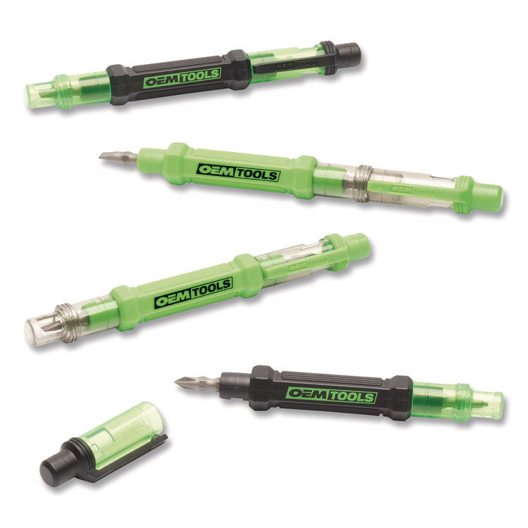 6-Way Pen-Style Screw/Nut Driver, Phillips/Slotted Bits, Metric Sockets, 5.38" Long, Black/Green, Green/Clear, 4/Pack