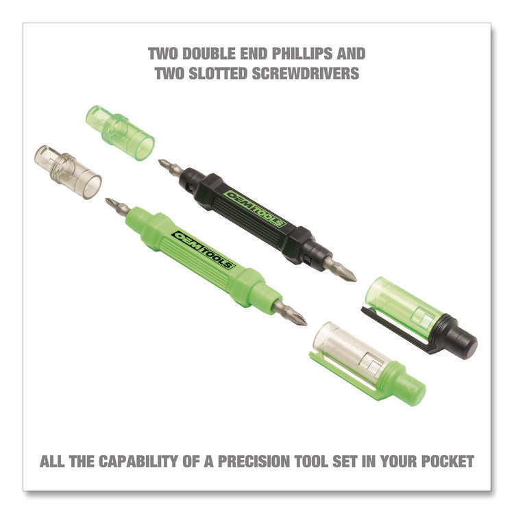 6-Way Pen-Style Screw/Nut Driver, Phillips/Slotted Bits, Metric Sockets, 5.38" Long, Black/Green, Green/Clear, 4/Pack