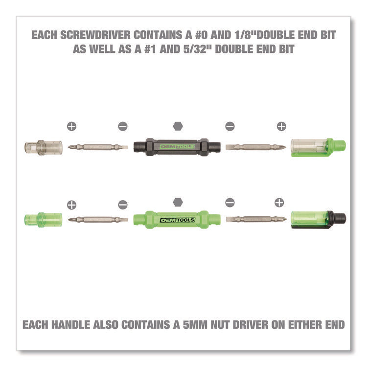 6-Way Pen-Style Screw/Nut Driver, Phillips/Slotted Bits, Metric Sockets, 5.38" Long, Black/Green, Green/Clear, 4/Pack