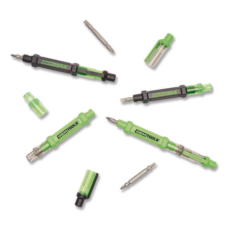 6-Way Pen-Style Screw/Nut Driver, Phillips/Slotted Bits, Metric Sockets, 5.38" Long, Black/Green, Green/Clear, 4/Pack