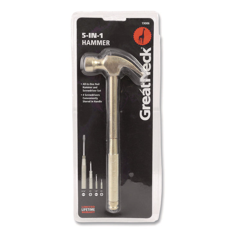 5-in-1 Carpenter's Hammer with Nesting Handle Containing Four Screwdrivers, 6.5" Long Gold Handle