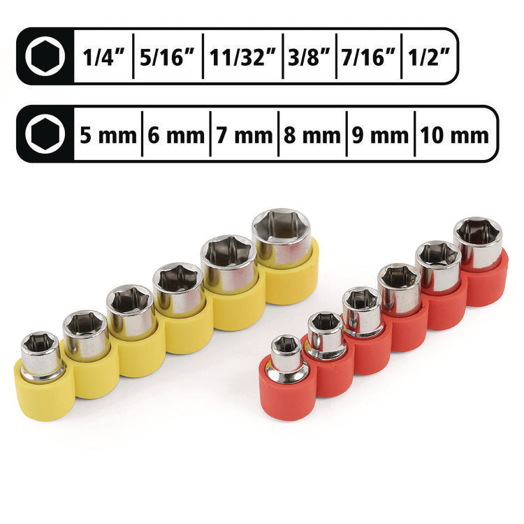 Ratcheting Screw/Nut Driver Set, 34-Piece, Hex/Phillips/Slotted/Star Bits, Metric/SAE Sockets, 8" Long, Yellow/Black Handle