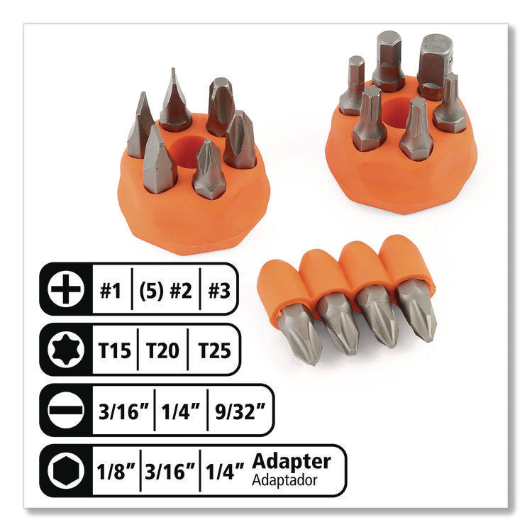 Ratcheting Screw/Nut Driver Set, 34-Piece, Hex/Phillips/Slotted/Star Bits, Metric/SAE Sockets, 8" Long, Yellow/Black Handle