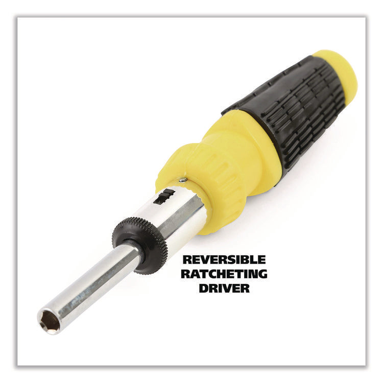 Ratcheting Screw/Nut Driver Set, 34-Piece, Hex/Phillips/Slotted/Star Bits, Metric/SAE Sockets, 8" Long, Yellow/Black Handle