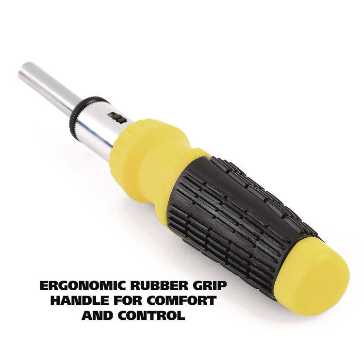 Ratcheting Screw/Nut Driver Set, 34-Piece, Hex/Phillips/Slotted/Star Bits, Metric/SAE Sockets, 8" Long, Yellow/Black Handle