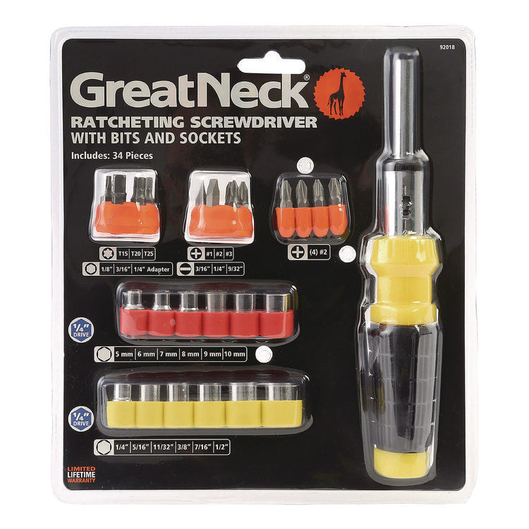 Ratcheting Screw/Nut Driver Set, 34-Piece, Hex/Phillips/Slotted/Star Bits, Metric/SAE Sockets, 8" Long, Yellow/Black Handle