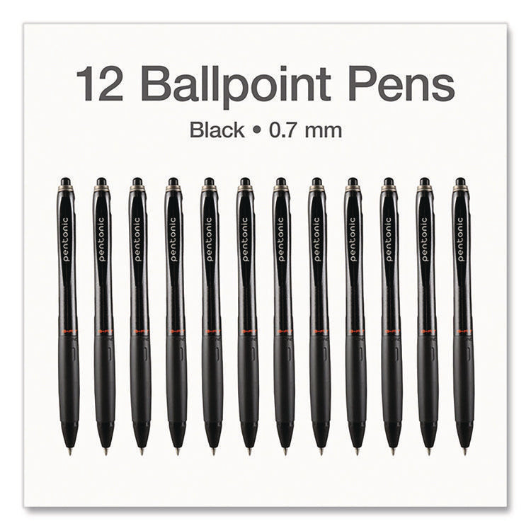 PENTONIC Ballpoint Pen, Retractable, Fine 0.7 mm, Black Ink, Black Barrel, 12/Pack