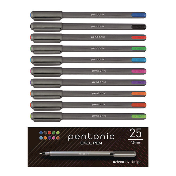 PENTONIC Ballpoint Pen, Stick, Medium 1 mm, Assorted Ink Colors, Charcoal Gray Barrel, 25/Pack