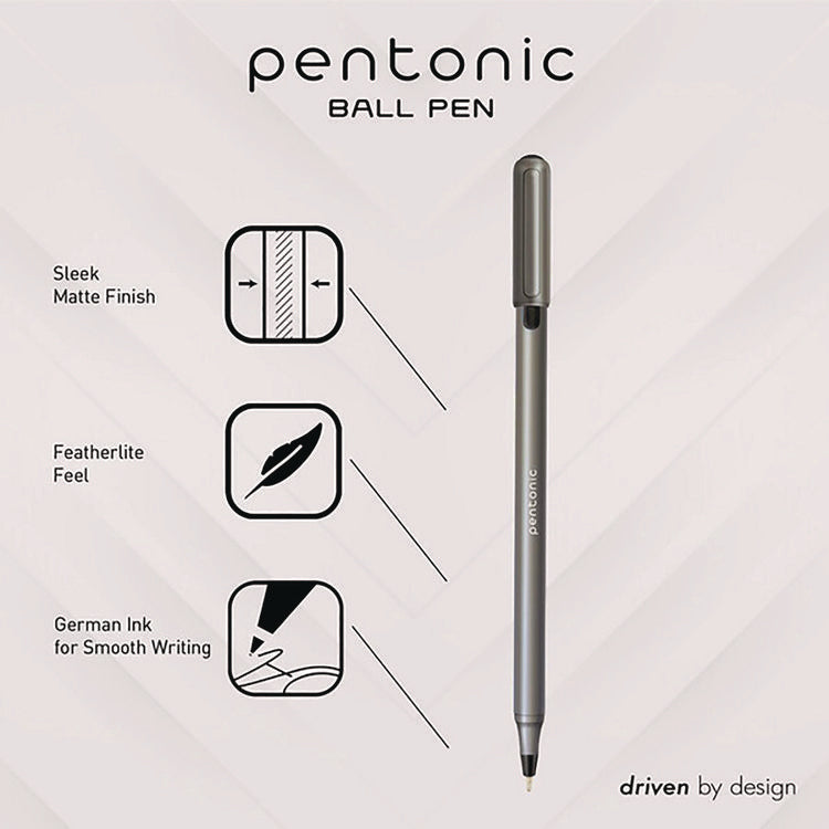 PENTONIC Ballpoint Pen, Stick, Medium 1 mm, Black Ink, Charcoal Gray Barrel, 25/Pack