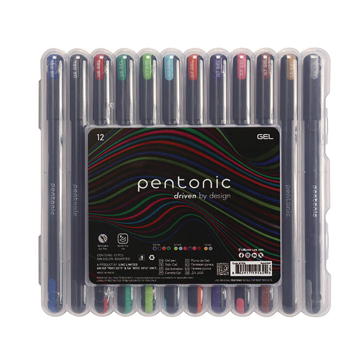 PENTONIC Gel Pen, Stick, Assorted Point Sizes, Assorted Ink Colors, Black Barrel, 12/Pack