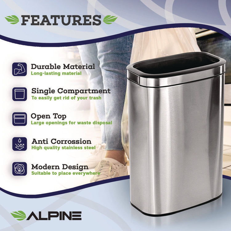 Stainless Steel Rectangular Liner Open Top Trash Can, 10.5 gal, Brushed Stainless Steel