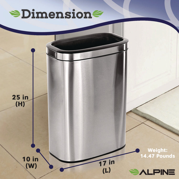 Stainless Steel Rectangular Liner Open Top Trash Can, 10.5 gal, Brushed Stainless Steel