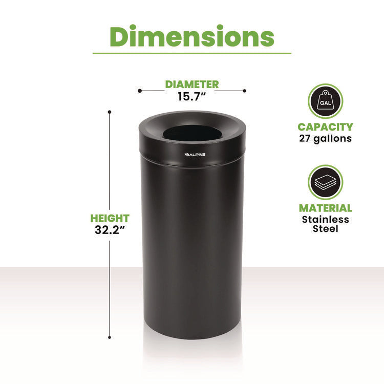 27 Gallon Stainless Steel Commercial Indoor Trash Can, Black