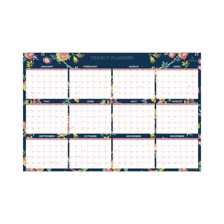 Day Designer Peyton Laminated Erasable Wall Calendar, Floral Artwork, 36 x 24, White/Navy Sheets, 12-Month (Jan to Dec): 2025