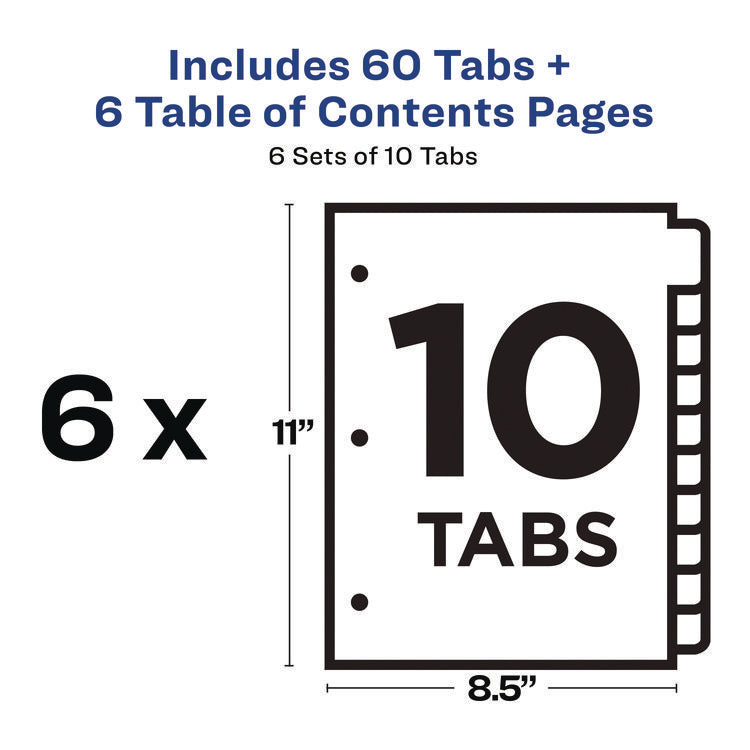 customizable table of contents ready index black and white dividers, 10-tab, 1 to 10, 11 x 8.5, white, 6 sets