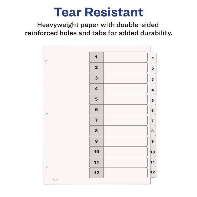 Customizable Table of Contents Ready Index Black and White Dividers, 12-Tab, 1 to 12, 11 x 8.5, White, 6 Sets