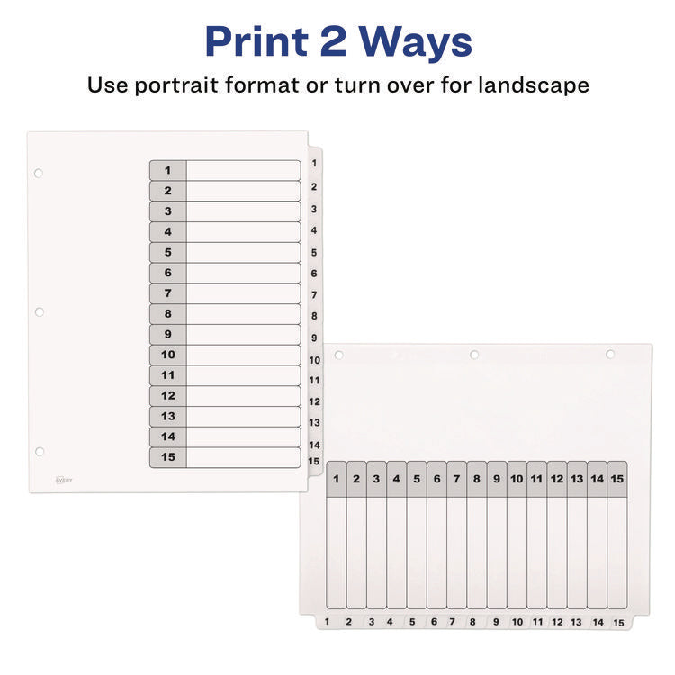 Customizable Table of Contents Ready Index Black and White Dividers, 15-Tab, 1 to 15, 11 x 8.5, White, 6 Sets