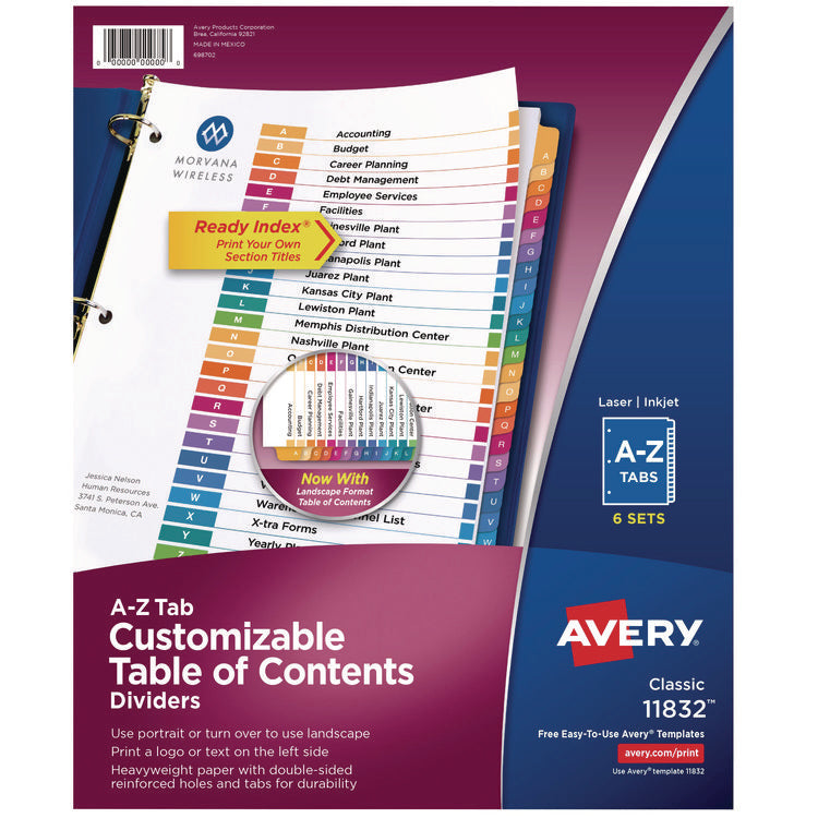 customizable table of contents ready index multicolor dividers, 26-tab, a to z, 11 x 8.5, white, 6 sets