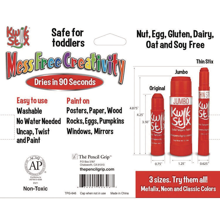 Kwik Stick Tempera Paint, 6 Assorted Classic Colors, 6/Pack, 12 Packs/Carton