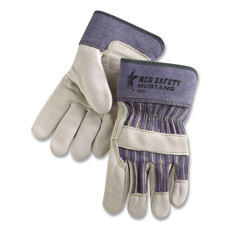 Mustang Leather Palm Gloves, Gunn Cut, Wing Thumb, Large, Blue/Cream, 12 Pairs